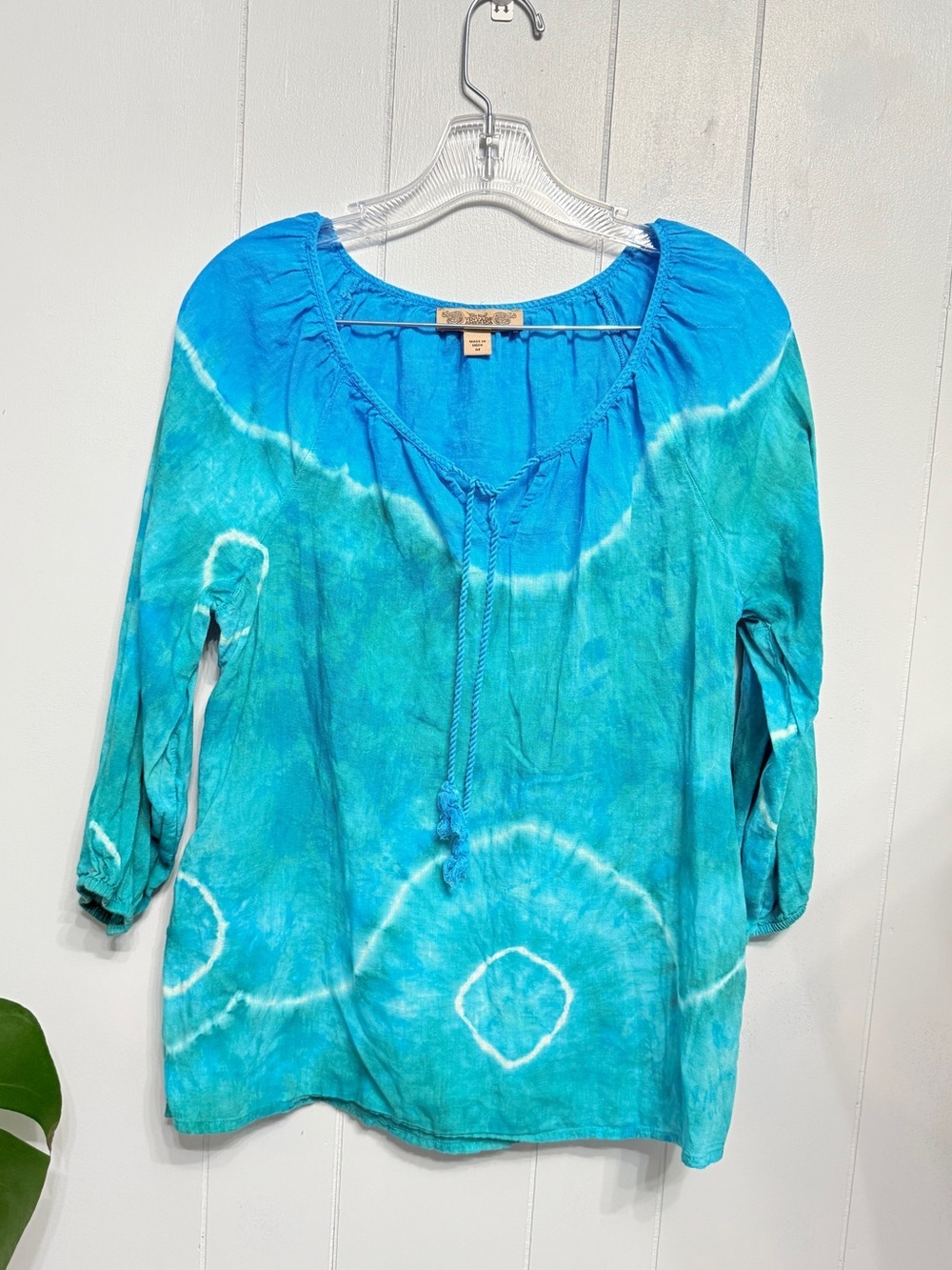 #9)  Boho Tie-Dye Blue & Teal Peasant Top